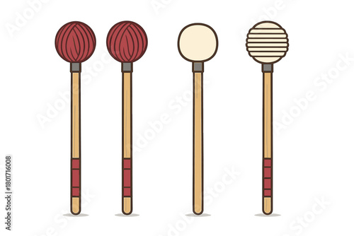 Four distinct wooden mallets with wrapped and smooth heads used for percussion instruments
