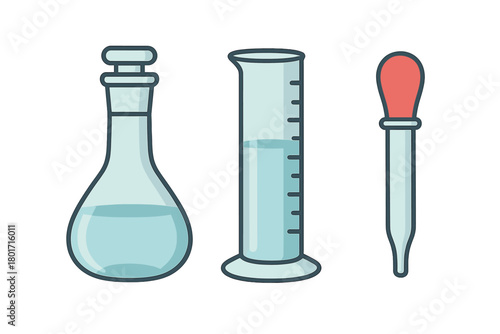Laboratory glassware set with liquid contents and dropper for science