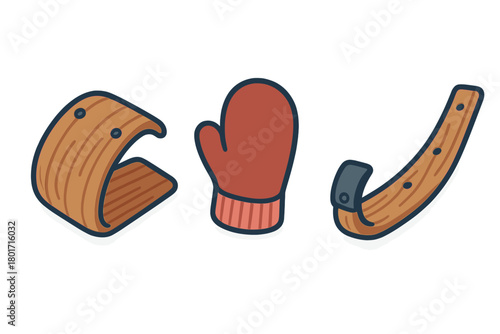 Simple graphic elements of winter gear including a warm red mitten and wooden bindings