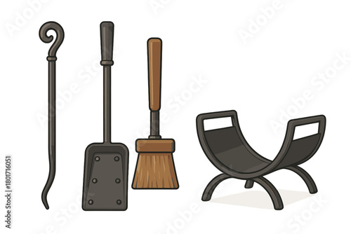 Set of essential fireplace tools with modern log holder accessories