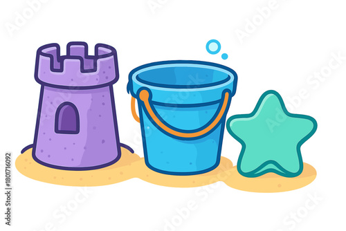 Colorful sand toys including castle, bucket, and starfish on beach