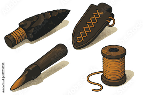 Primitive crafting and survival tools set with flint arrowhead, leather sheath, wooden awl, and cord spool