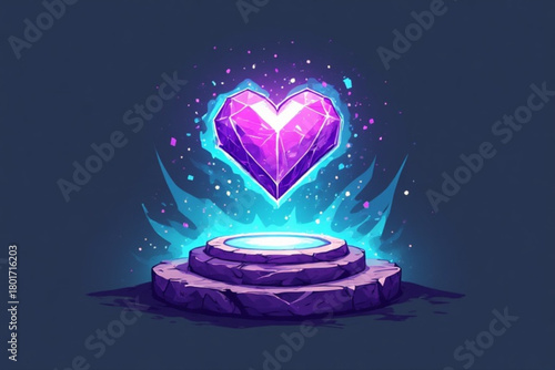 A glowing purple heart-shaped gem levitates above a stone pedestal, radiating energy.