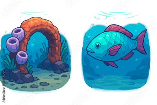 Colorful cartoon fish swimming near a vibrant rock arch and purple tube sponges on the ocean floor