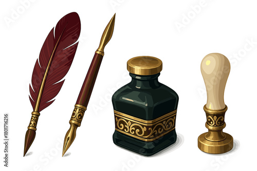 Antique writing set featuring a maroon feather quill, ornate dip pen, inkwell, and golden sealing stamp