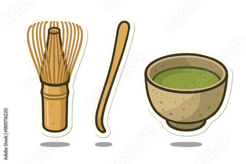 Traditional Japanese matcha tea ceremony tools and prepared green tea in bowl