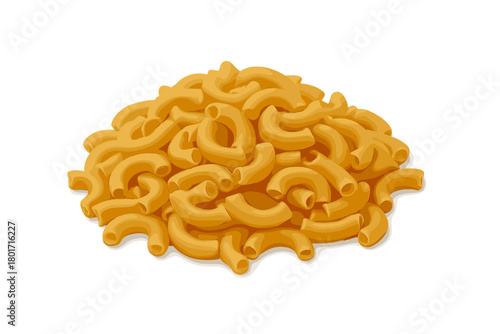 Pile of dry elbow macaroni pasta shapes on white background