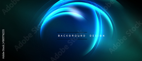 Abstract blue light shapes form elegant curves. Dark background emphasizes glowing design elements, creating modern aesthetic.