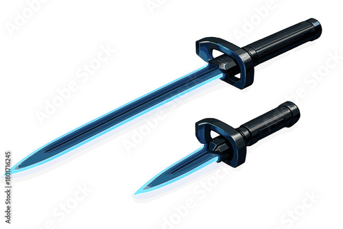Futuristic glowing blue energy sword and dagger set in isometric view