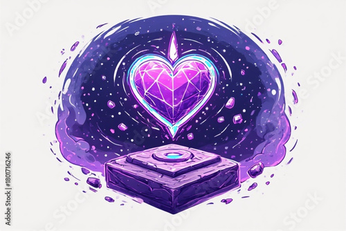 A glowing, crystalline heart floats above a stone pedestal, surrounded by swirling cosmic energy.