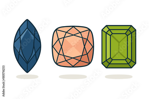 Assortment of three faceted gemstones in marquise, cushion, and emerald cuts