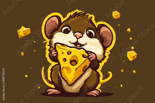 Cartoon mouse holding a large piece of Swiss cheese, with cheese cubes floating around it.