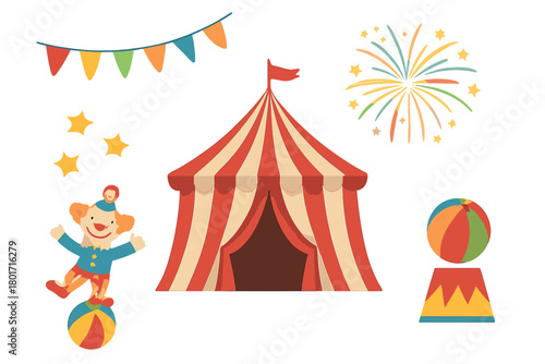 Clown juggling balls under striped circus tent with festive decorations