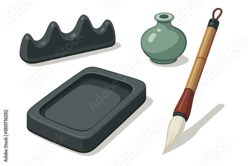 Traditional Chinese calligraphy tools set featuring ink stone, brush rest, water pot, and writing brush