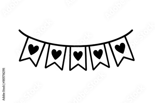 Simple black outline of heart shaped flags on a decorative string banner
