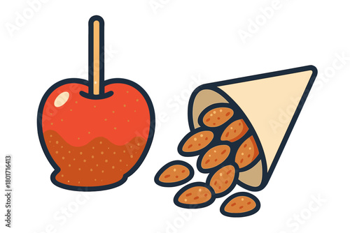 Glossy caramel candy with roasted nuts spilling from paper cone