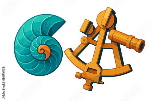 Detailed nautilus shell next to a golden antique sextant for marine navigation