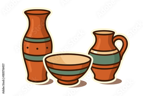 Traditional terracotta pottery set including a tall vase, a wide bowl, and a handled pitcher
