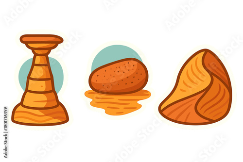 Three stylized orange food stickers with potato chip and snack shapes