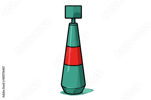 Isolated conical marine navigation buoy featuring a red horizontal band