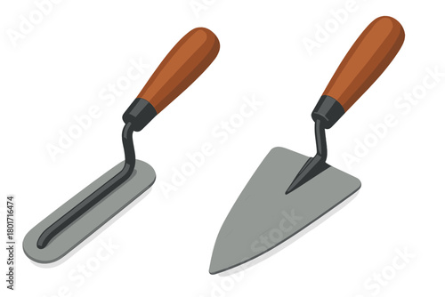 Isometric view of two masonry trowels with wooden handles used for construction and plastering