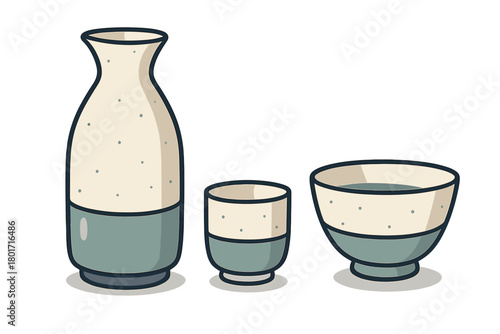 Traditional Japanese ceramic sake serving set with tokkuri bottle, cup, and bowl