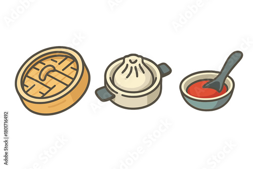 Chinese soup dumpling and bamboo steamer set icons