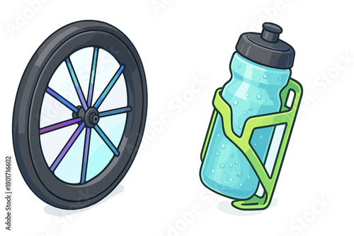 Bicycle wheel with colorful spokes and a refreshing sports water bottle in a neon green holder