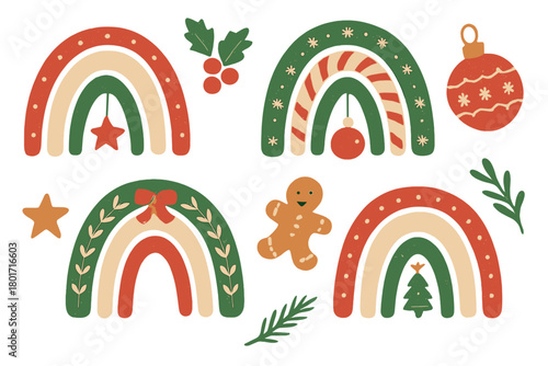 Boho Christmas rainbow elements with gingerbread man and festive ornaments