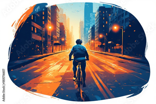 A cyclist rides down a city street, illuminated by streetlights, towards a distant cityscape.