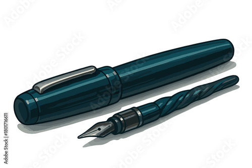 Teal Fountain Pen with Detached Twisted Nib Section on White Background