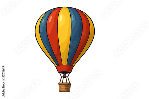 Vibrant striped hot air balloon with wicker basket isolated on white background