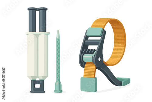 Dual component adhesive cartridge with mixing nozzle and robust ratchet tie down strap