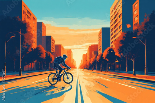 A cyclist rides down a city street lined with tall buildings under a warm sunset.
