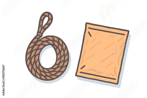 Coiled rope next to steaming food packet for camping or survival scenario