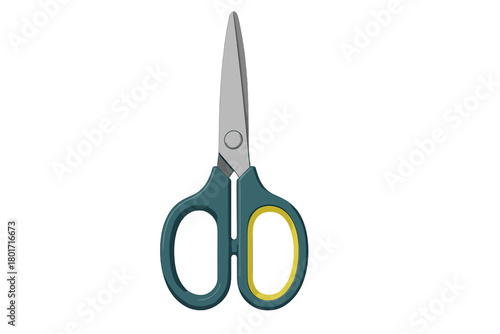 Modern craft scissors with teal and yellow ergonomic handles isolated on white