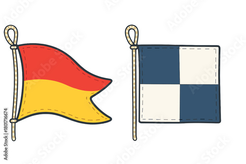 Nautical signal flags set with red yellow safety pennant and checkered blue white flag