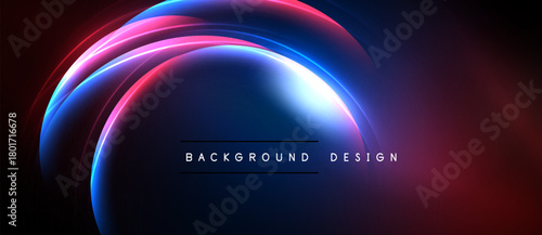 Abstract neon lights form curved shapes over dark background. Vibrant colors blend, creating futuristic visual effect. Design includes text elements.
