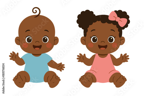 Cute cartoon twin babies sitting together with happy smiling faces