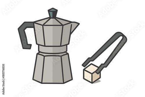 Moka pot coffee maker with sugar cube and tongs graphic element