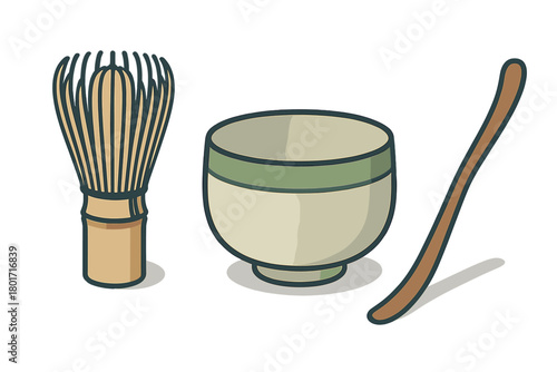 Traditional Japanese matcha tea ceremony tools including whisk bowl and scoop