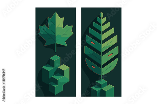 Stylized green leaf icons with geometric 3D pedestal elements
