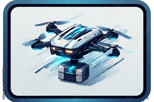 Futuristic drone carrying a package, hovering in the air with motion blur effect.