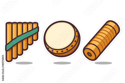 Set of traditional wooden wind and percussion musical instruments icons