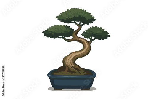 Stylized bonsai tree with dramatically curved trunk in dark blue pot