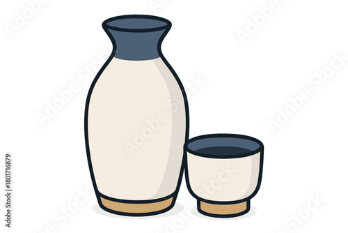 Ceramic tokkuri flask and ochoko cup used for serving traditional Japanese rice wine