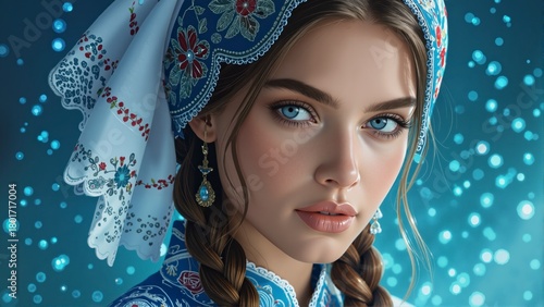 Young woman in traditional blue folk costume with embroidered headscarf and braids against a festive sparkling background.