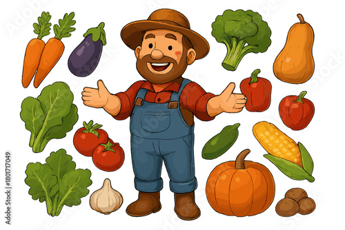 Smiling farmer presenting assorted fresh harvest vegetables and produce