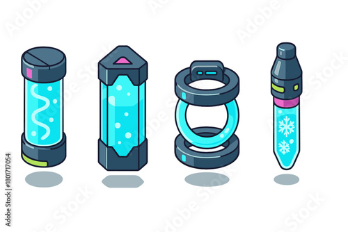 Set of futuristic science fiction glowing liquid storage containers and vials