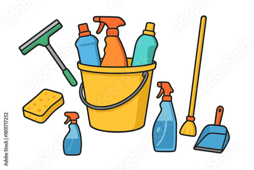 Colorful assortment of household cleaning tools including bucket and squeegee